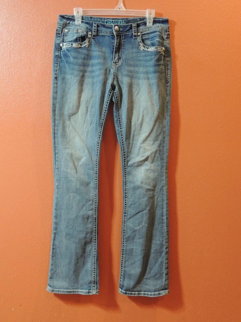 Grace Jeans Woman Size 29 Blue Black Brown Embroidered Pockets Native Design